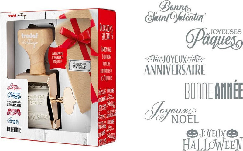 Vintage stempel met teksten : Fijne Valentijnsdag. Vrolijk Pasen. Hartelijk Gefeliciteerd. Happy Halloween. Vrolijk Kerstfeest. Gelukkig Nieuwjaar.